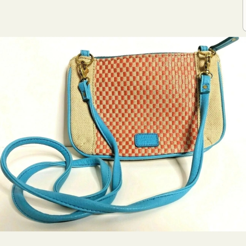Coral,beige,and turquoise fossil purse.